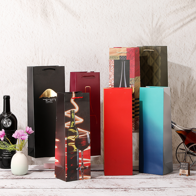 Single Wine Bottle Paper Gift Bags with Rope Handles
