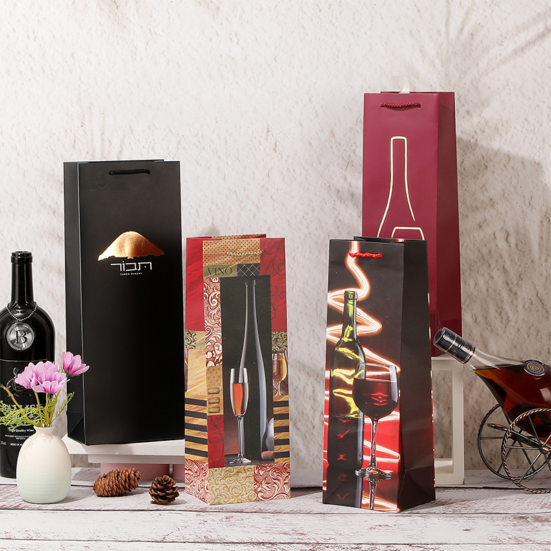 Single Wine Bottle Paper Gift Bags with Rope Handles