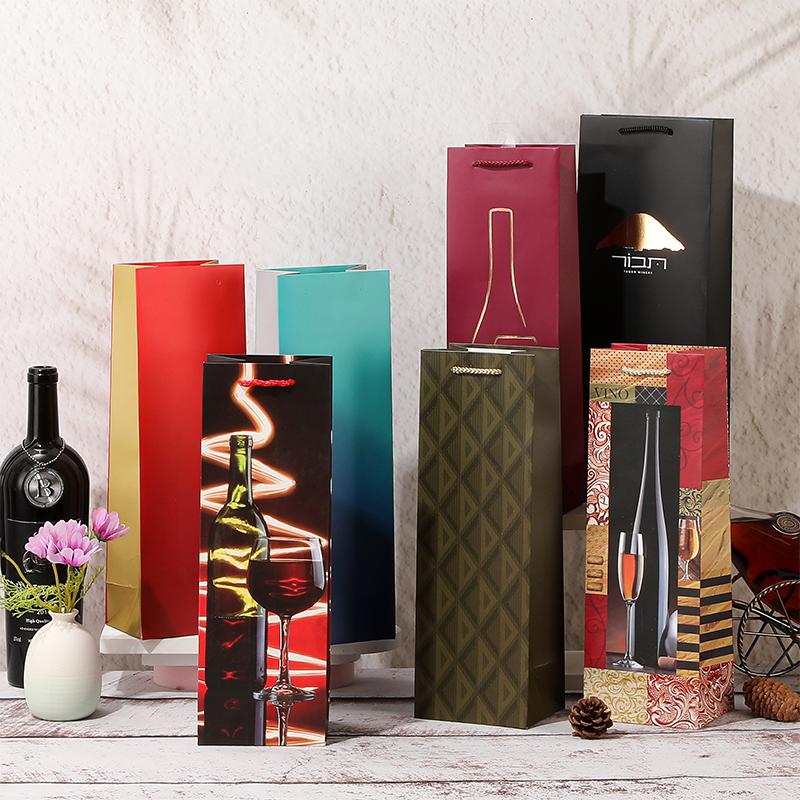 Single Wine Bottle Paper Gift Bags with Rope Handles