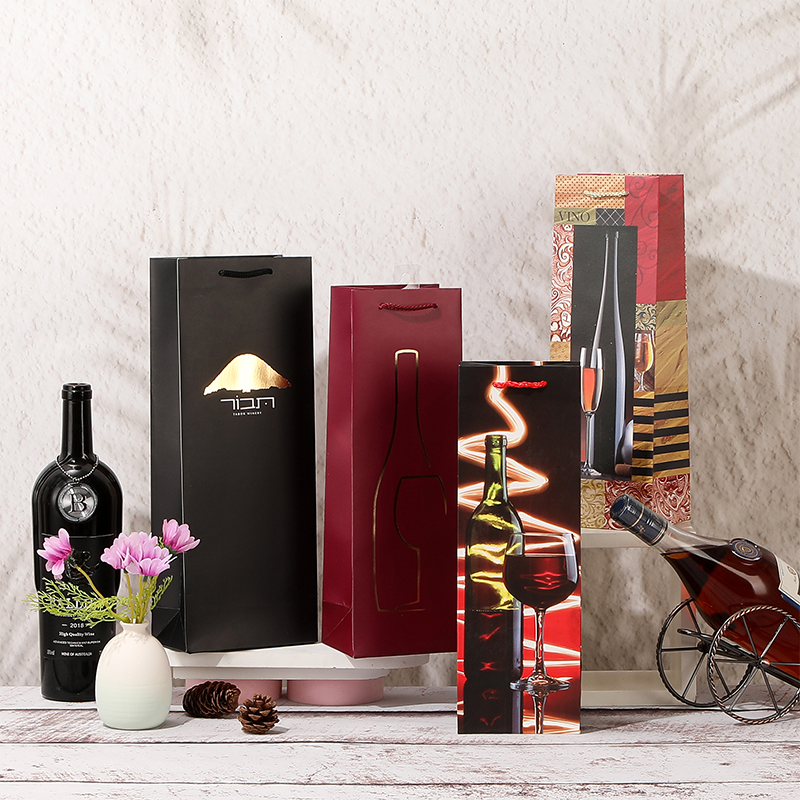 Single Wine Bottle Paper Gift Bags with Rope Handles