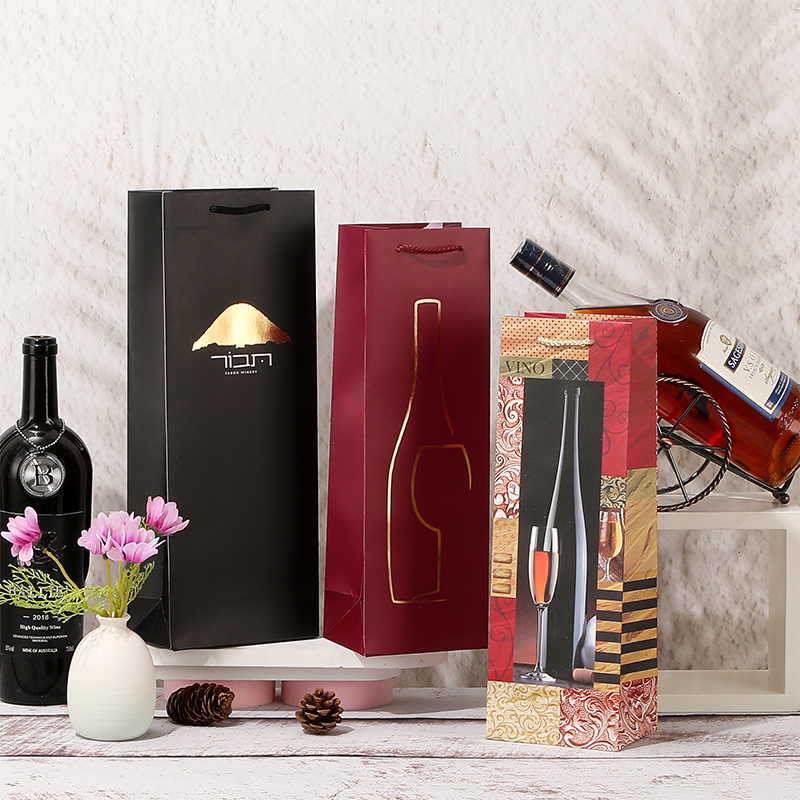 Single Wine Bottle Paper Gift Bags with Rope Handles