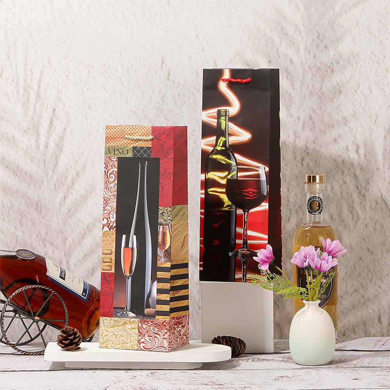 Single Wine Bottle Paper Gift Bags with Rope Handles
